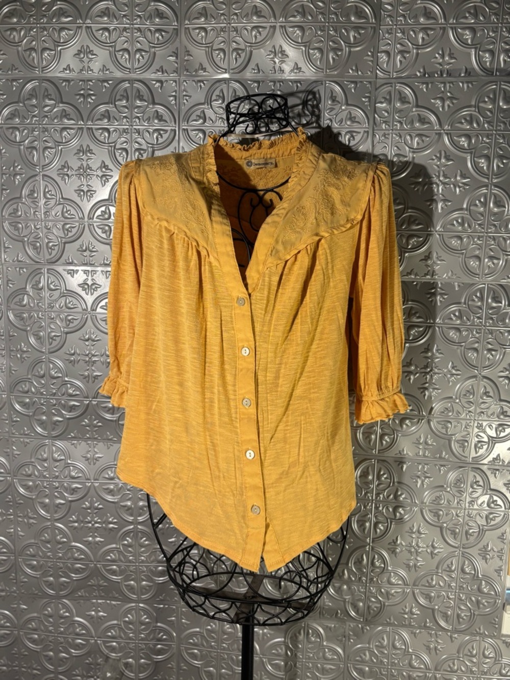 Democracy yellow button front embroidered knit boho top blouse
